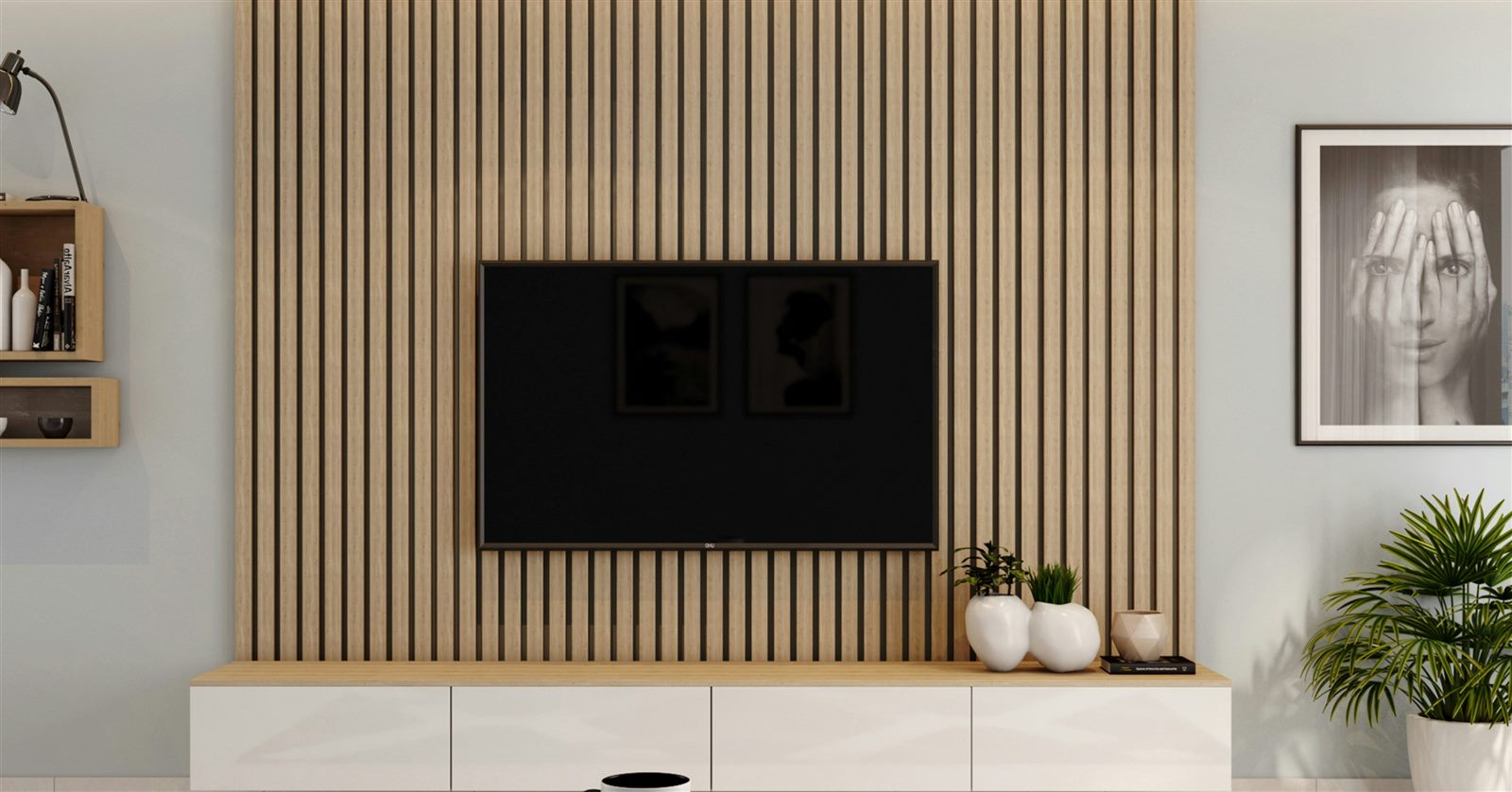 A flat screen television mounted on a slatted timber wall, the kind of TV wall mounting JM All Trades carries out across Ayrshire