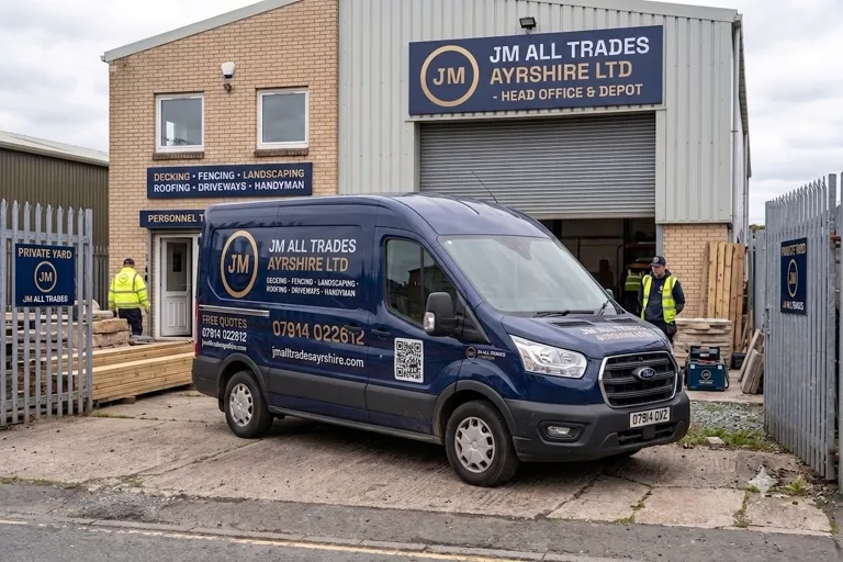 JM All Trades sign-written van at the head office and depot yard, Ayrshire