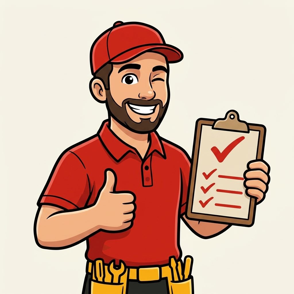 Cartoon John giving a thumbs up with a finished checklist