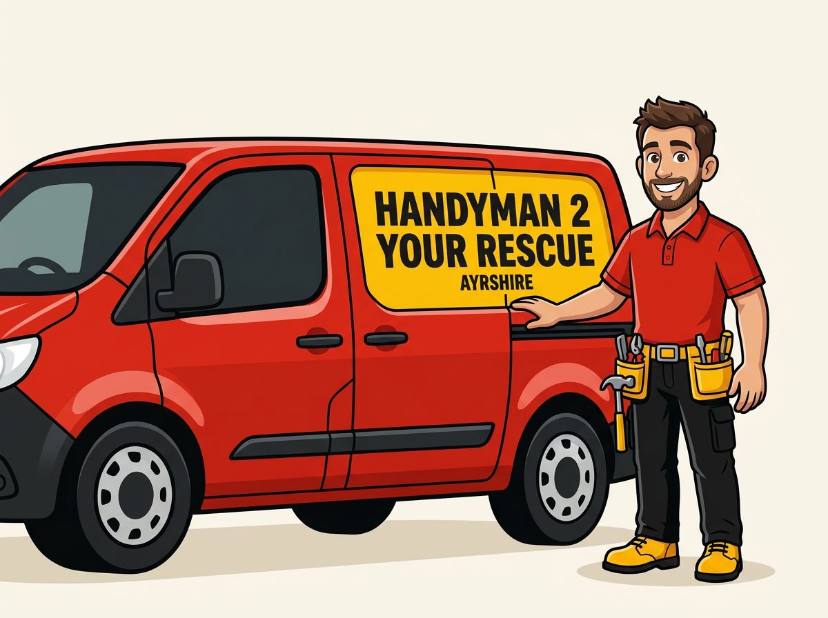 Cartoon John standing proudly beside his red Handyman 2 Your Rescue van